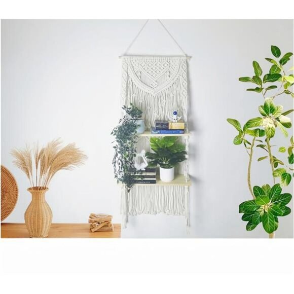 Macrame Wall Hanging Shelf 2 Tier Boho Floating Shelf Organizer for Plants - Picture 1 of 7